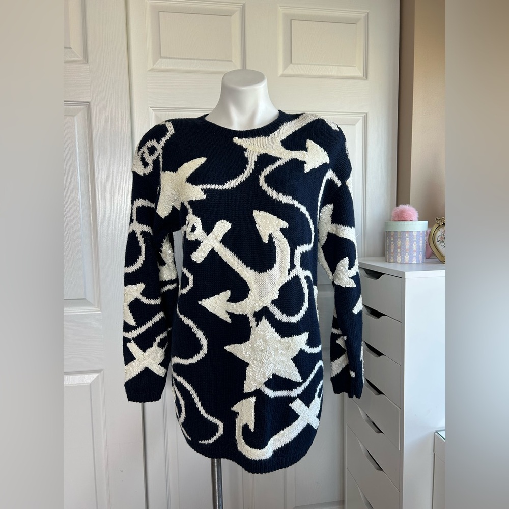 Marisa Christina Vintage Navy Blue Nautical Anchor Sequin Sweater Hand Knitted